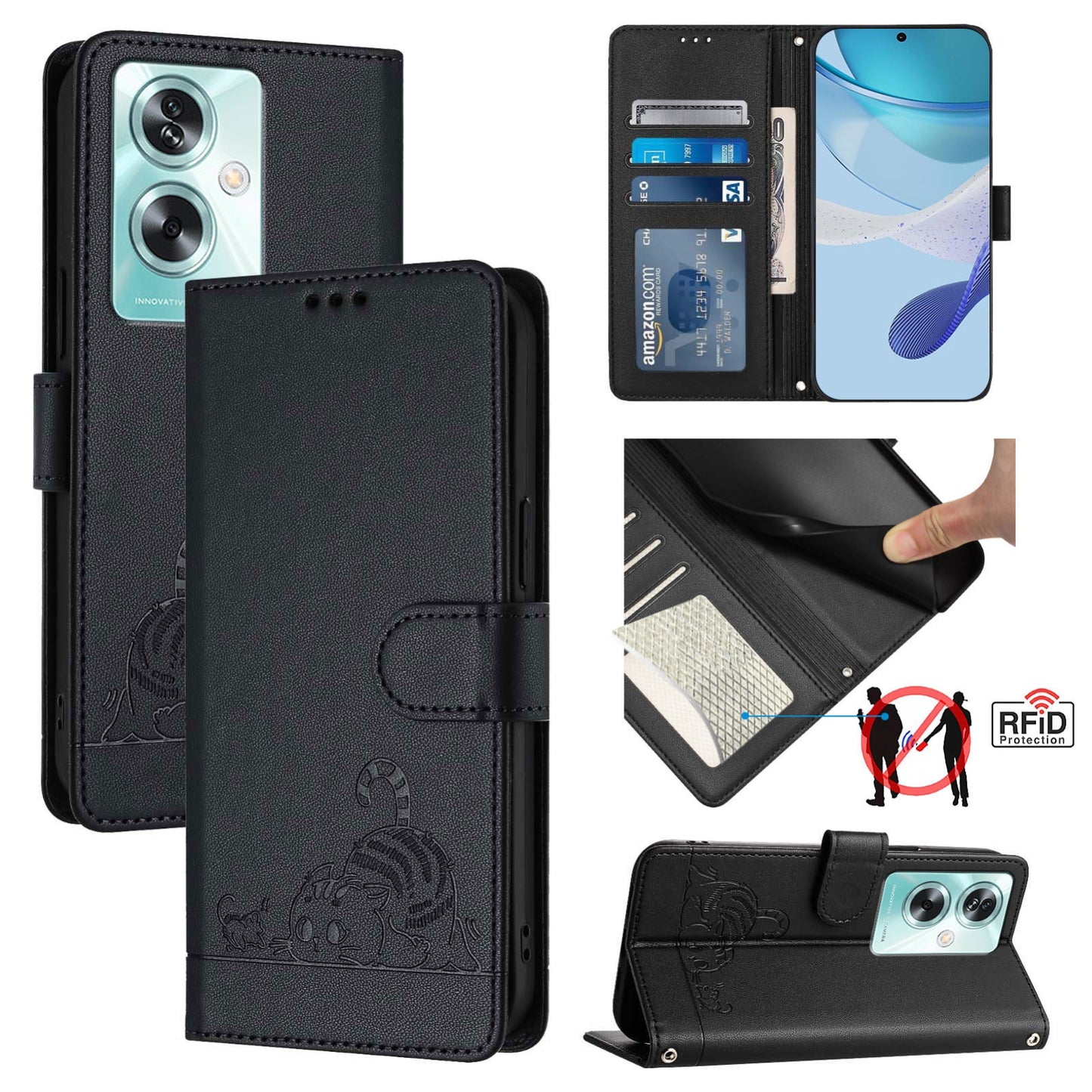 OnePlus Nord N30 SE 5G Cat and Mouse Embossed PU Leather RFID Case with Wallet Slots, Anti-Fall Protection, Kickstand, and Lanyard-buycases.co.uk