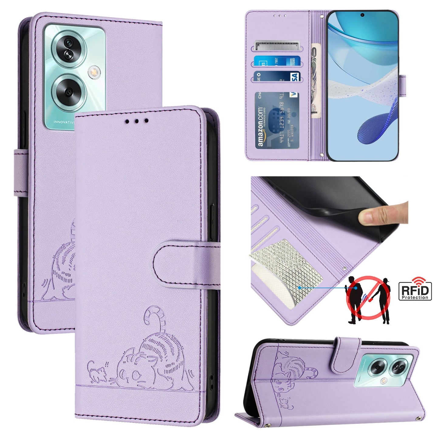 OnePlus Nord N30 SE 5G Cat and Mouse Embossed PU Leather RFID Case with Wallet Slots, Anti-Fall Protection, Kickstand, and Lanyard-buycases.co.uk