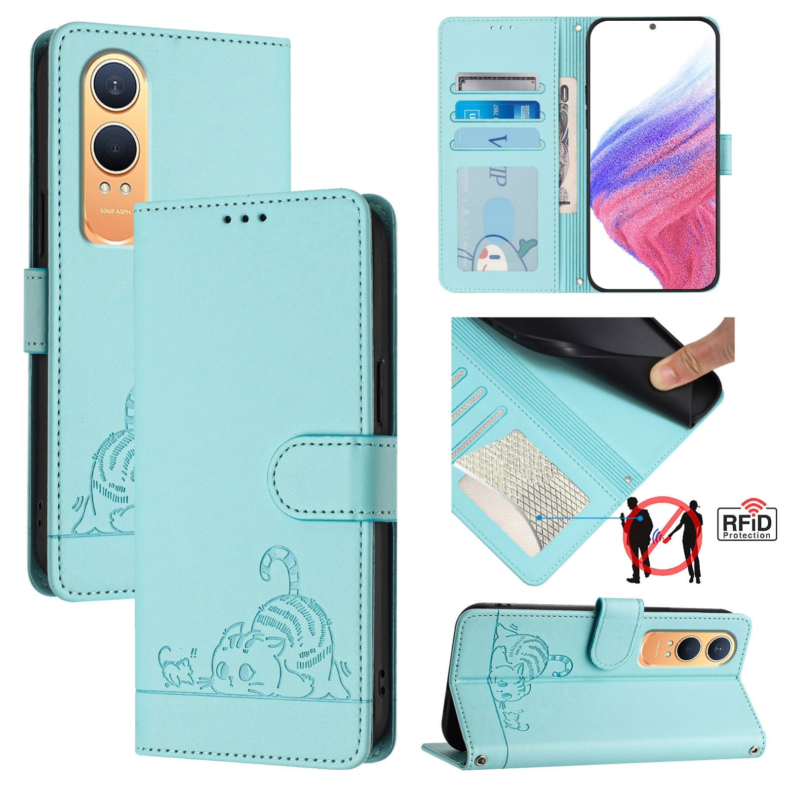 OnePlus Nord CE4 Lite Cat and Mouse Embossed PU Leather RFID Case with Wallet Slots, Anti-Fall Protection, Kickstand, and Lanyard-buycases.co.uk