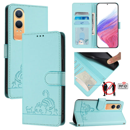 OnePlus Nord CE4 Lite Cat and Mouse Embossed PU Leather RFID Case with Wallet Slots, Anti-Fall Protection, Kickstand, and Lanyard-buycases.co.uk