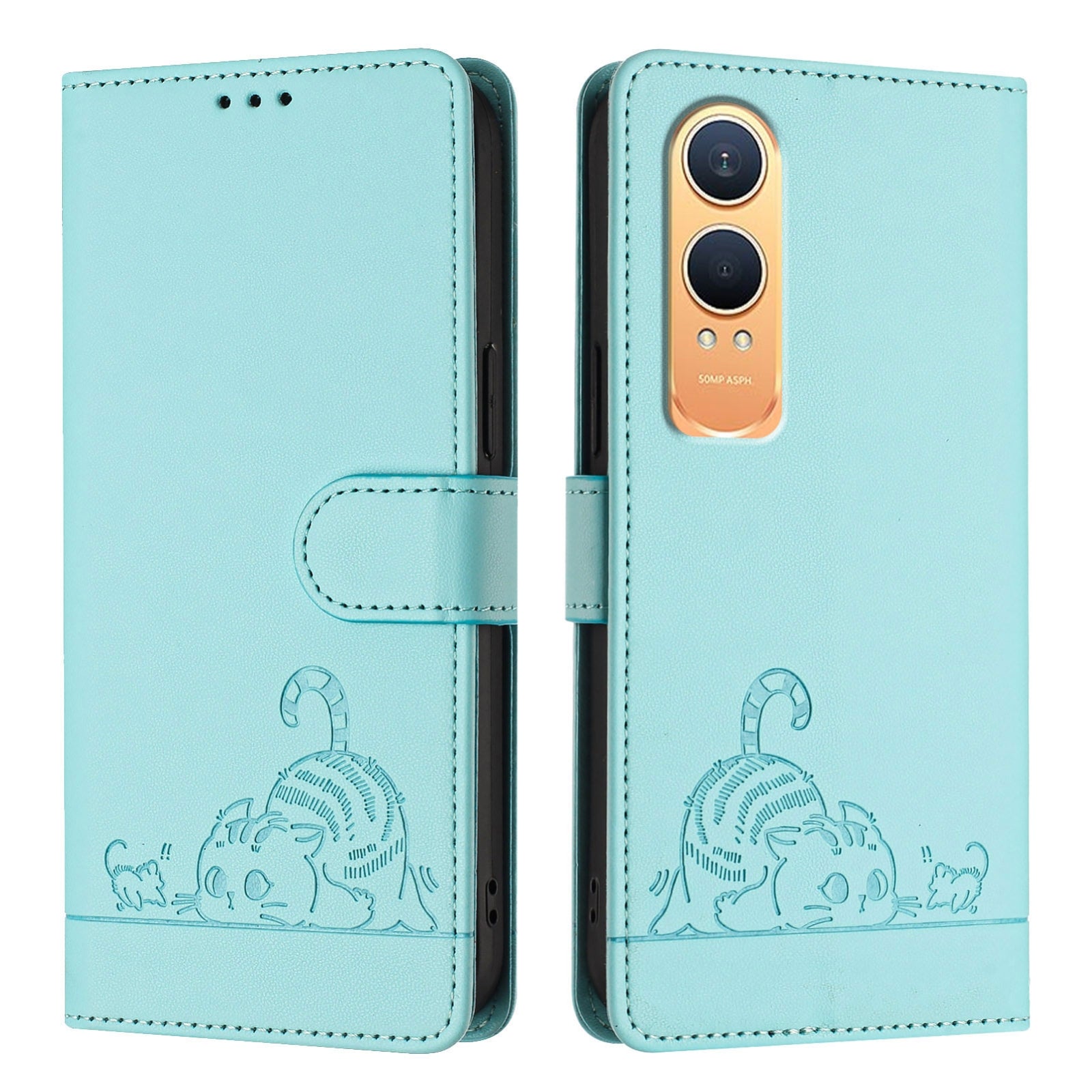 OnePlus Nord CE4 Lite Cat and Mouse Embossed PU Leather RFID Case with Wallet Slots, Anti-Fall Protection, Kickstand, and Lanyard-buycases.co.uk