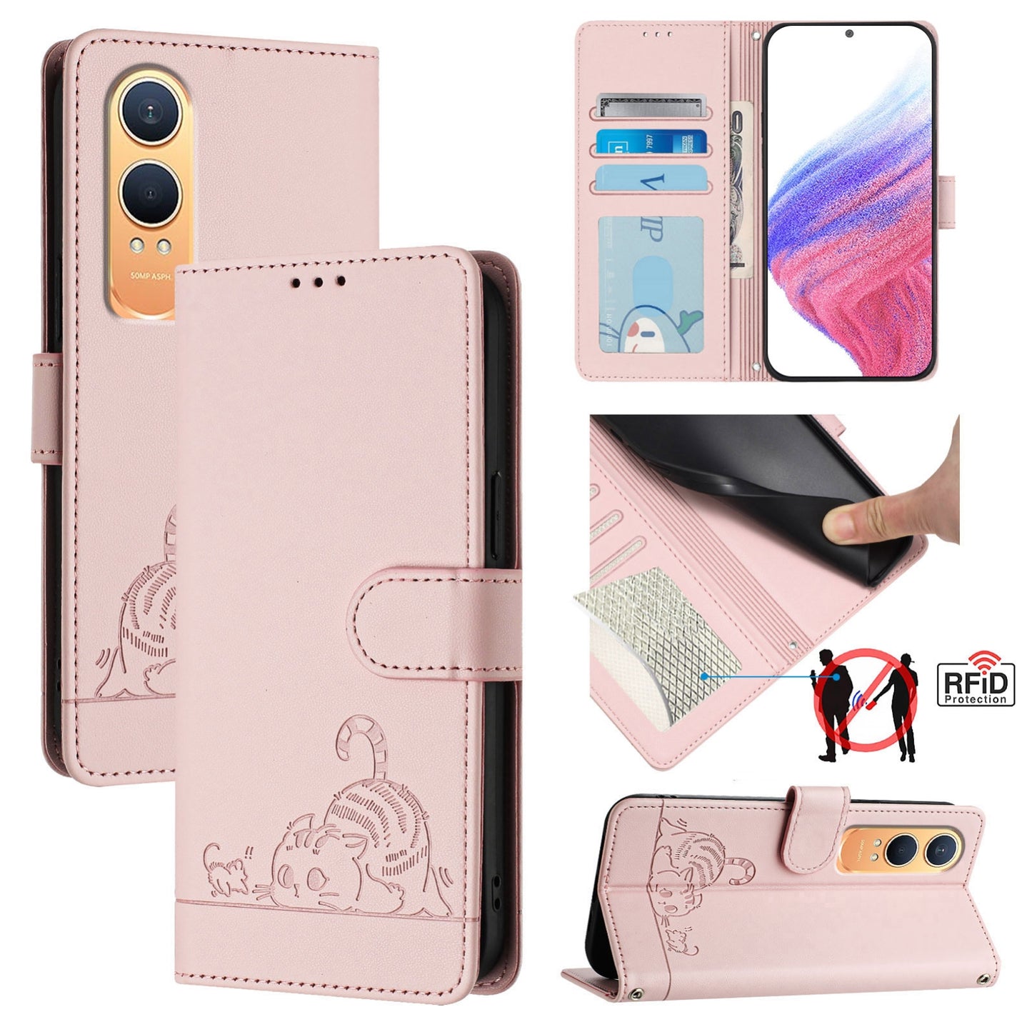 OnePlus Nord CE4 Lite Cat and Mouse Embossed PU Leather RFID Case with Wallet Slots, Anti-Fall Protection, Kickstand, and Lanyard-buycases.co.uk