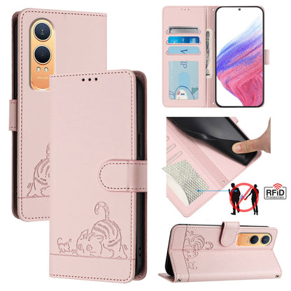 OnePlus Nord CE4 Lite Cat and Mouse Embossed PU Leather RFID Case with Wallet Slots, Anti-Fall Protection, Kickstand, and Lanyard-buycases.co.uk
