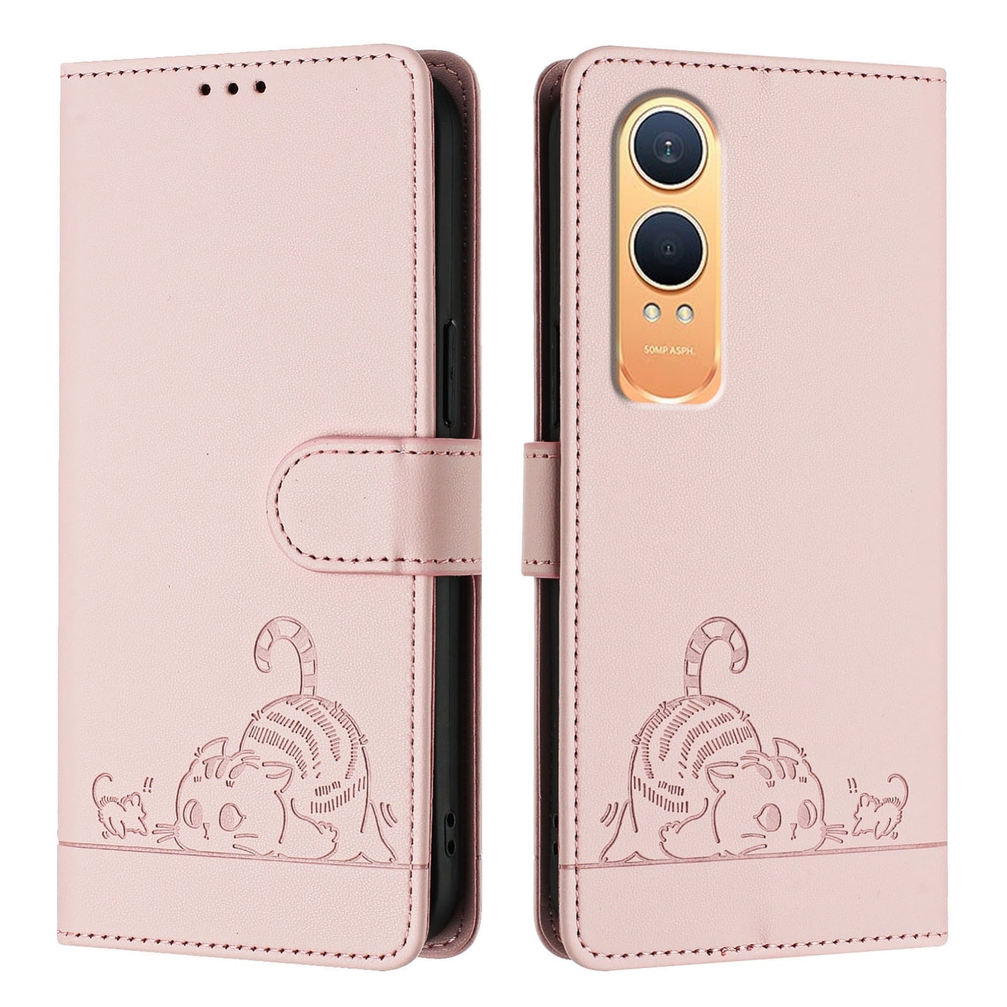 OnePlus Nord CE4 Lite Cat and Mouse Embossed PU Leather RFID Case with Wallet Slots, Anti-Fall Protection, Kickstand, and Lanyard-buycases.co.uk