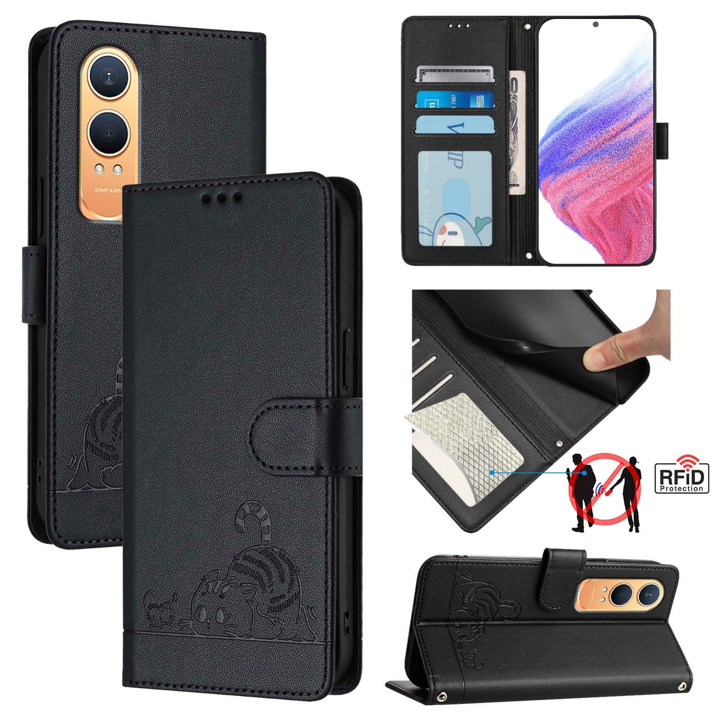 OnePlus Nord CE4 Lite Cat and Mouse Embossed PU Leather RFID Case with Wallet Slots, Anti-Fall Protection, Kickstand, and Lanyard-buycases.co.uk