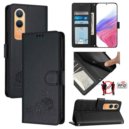 OnePlus Nord CE4 Lite Cat and Mouse Embossed PU Leather RFID Case with Wallet Slots, Anti-Fall Protection, Kickstand, and Lanyard-buycases.co.uk