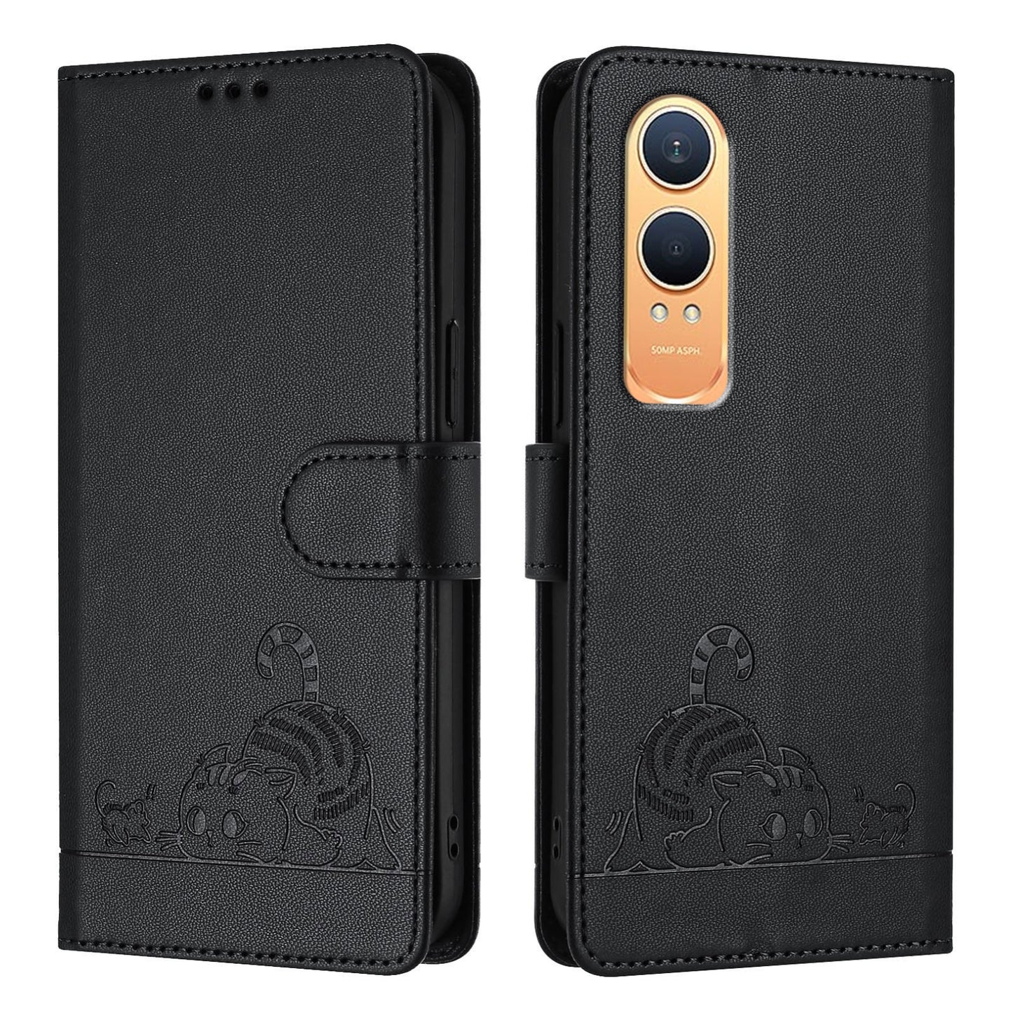OnePlus Nord CE4 Lite Cat and Mouse Embossed PU Leather RFID Case with Wallet Slots, Anti-Fall Protection, Kickstand, and Lanyard-buycases.co.uk