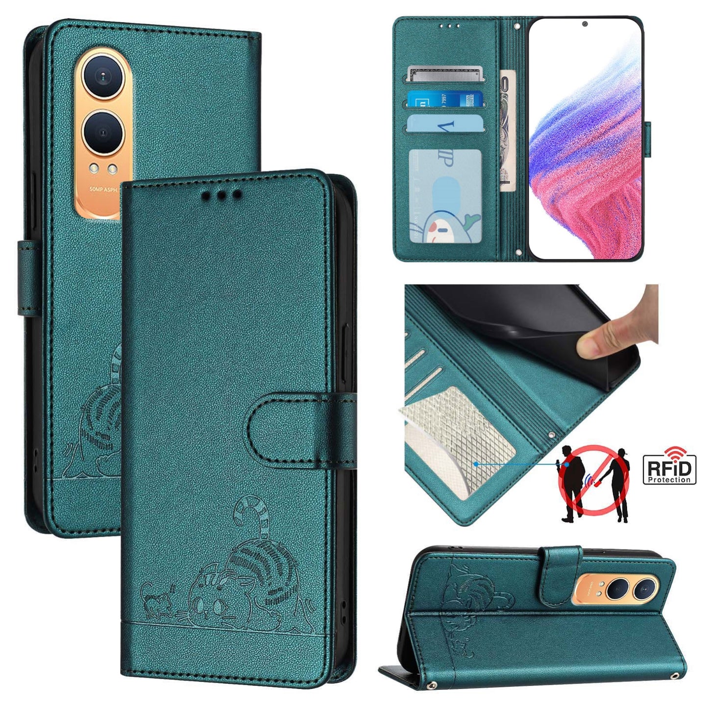 OnePlus Nord CE4 Lite Cat and Mouse Embossed PU Leather RFID Case with Wallet Slots, Anti-Fall Protection, Kickstand, and Lanyard-buycases.co.uk