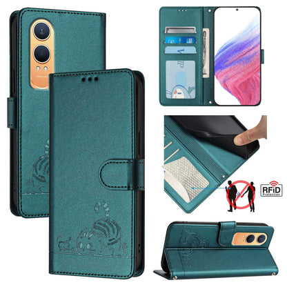 OnePlus Nord CE4 Lite Cat and Mouse Embossed PU Leather RFID Case with Wallet Slots, Anti-Fall Protection, Kickstand, and Lanyard-buycases.co.uk