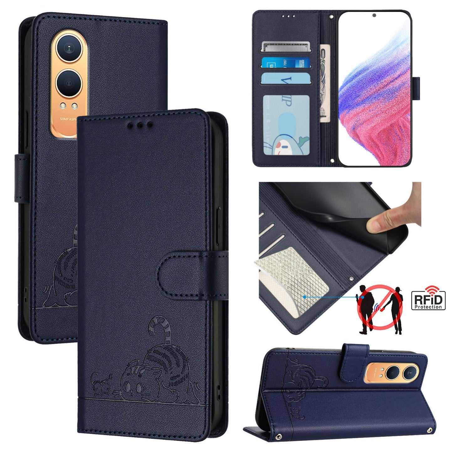 OnePlus Nord CE4 Lite Cat and Mouse Embossed PU Leather RFID Case with Wallet Slots, Anti-Fall Protection, Kickstand, and Lanyard-buycases.co.uk