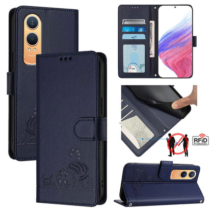 OnePlus Nord CE4 Lite Cat and Mouse Embossed PU Leather RFID Case with Wallet Slots, Anti-Fall Protection, Kickstand, and Lanyard-buycases.co.uk