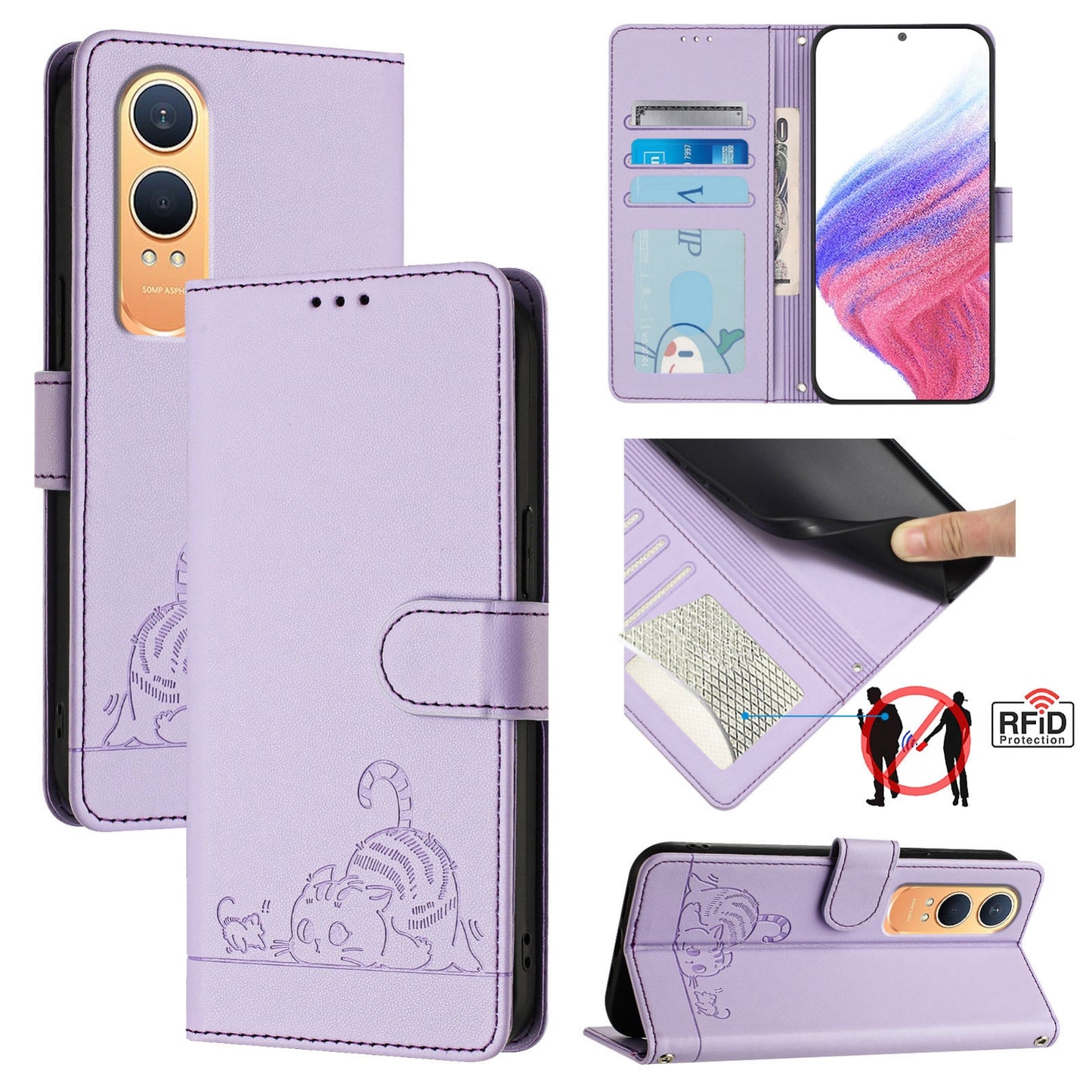 OnePlus Nord CE4 Lite Cat and Mouse Embossed PU Leather RFID Case with Wallet Slots, Anti-Fall Protection, Kickstand, and Lanyard-buycases.co.uk