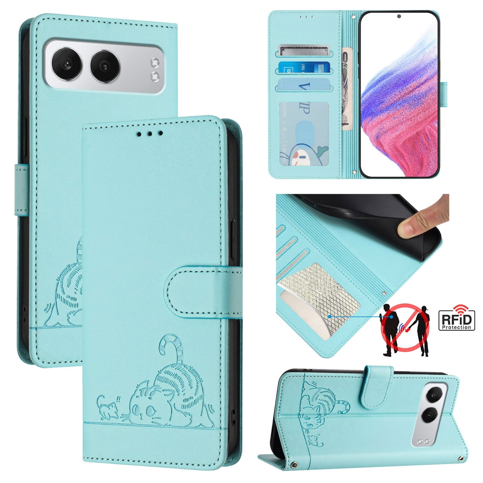 OnePlus Nord 4 5G Cat and Mouse Embossed PU Leather RFID Case with Wallet Slots, Anti-Fall Protection, Kickstand, and Lanyard-buycases.co.uk