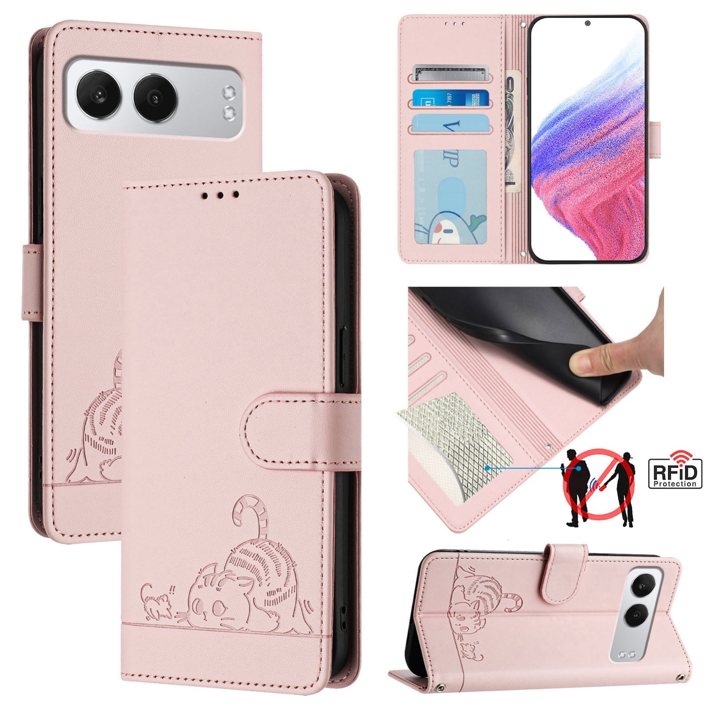 OnePlus Nord 4 5G Cat and Mouse Embossed PU Leather RFID Case with Wallet Slots, Anti-Fall Protection, Kickstand, and Lanyard-buycases.co.uk