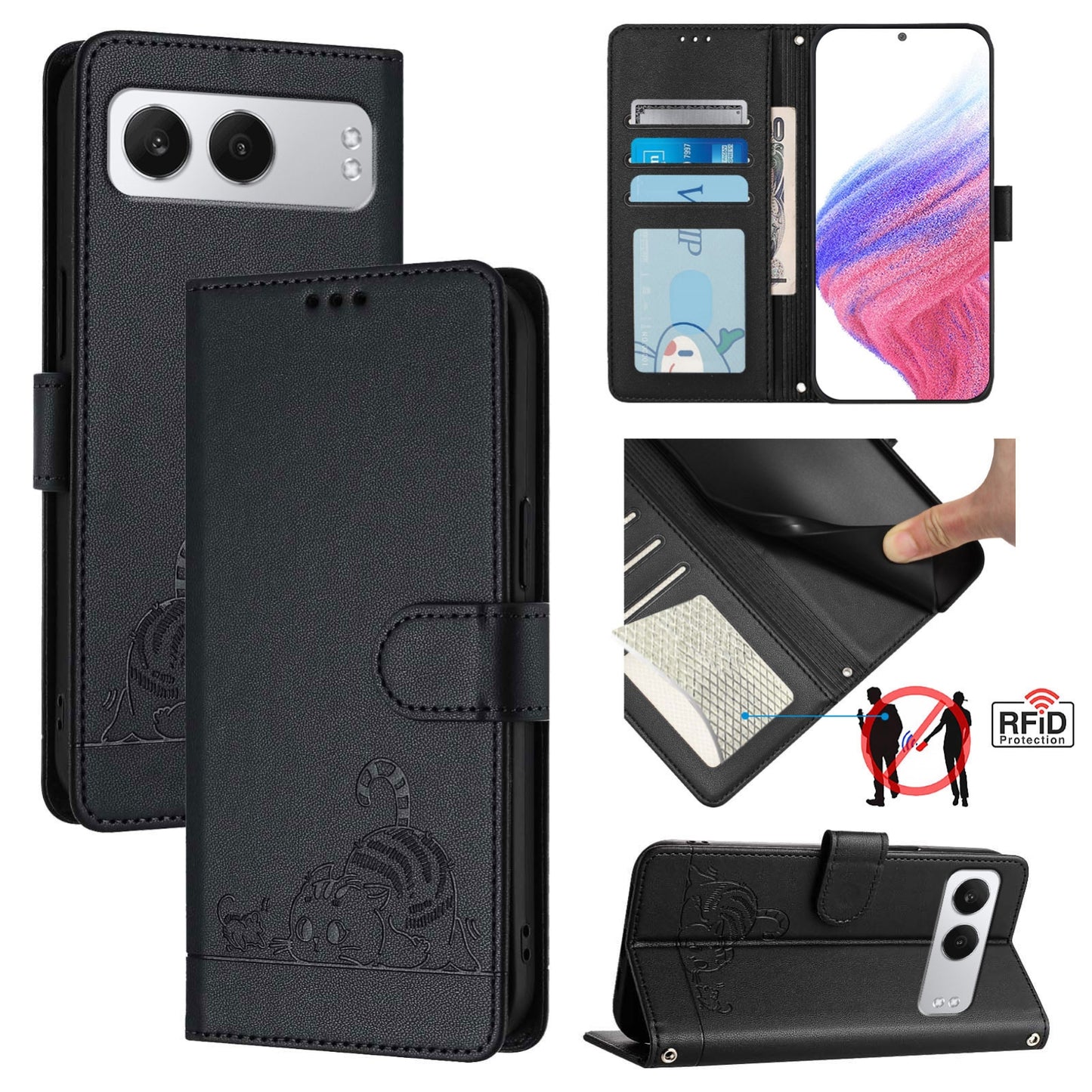 OnePlus Nord 4 5G Cat and Mouse Embossed PU Leather RFID Case with Wallet Slots, Anti-Fall Protection, Kickstand, and Lanyard-buycases.co.uk