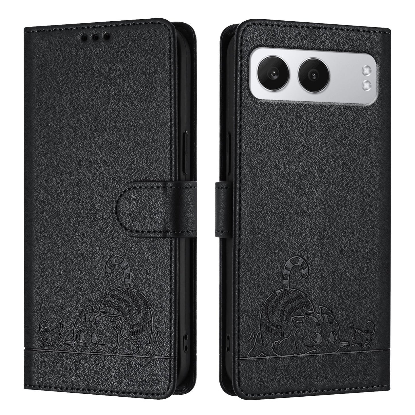 OnePlus Nord 4 5G Cat and Mouse Embossed PU Leather RFID Case with Wallet Slots, Anti-Fall Protection, Kickstand, and Lanyard-buycases.co.uk
