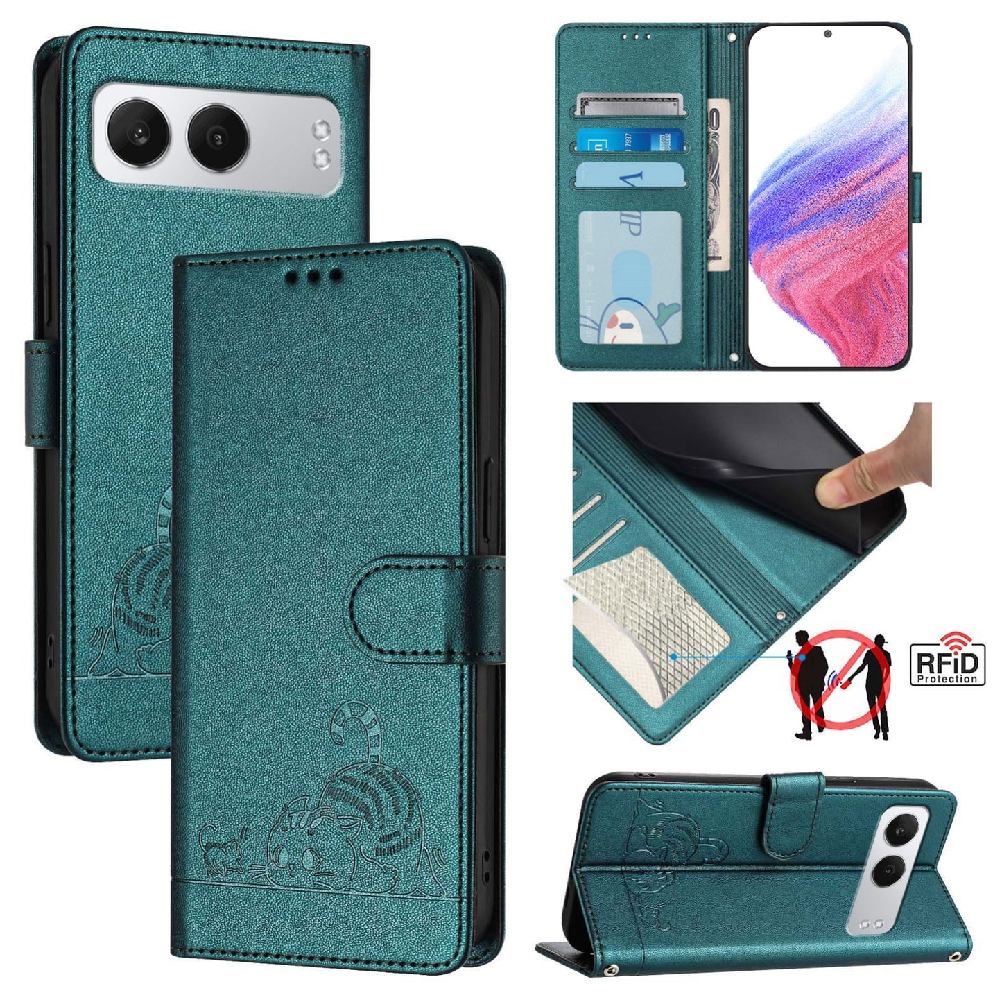 OnePlus Nord 4 5G Cat and Mouse Embossed PU Leather RFID Case with Wallet Slots, Anti-Fall Protection, Kickstand, and Lanyard-buycases.co.uk