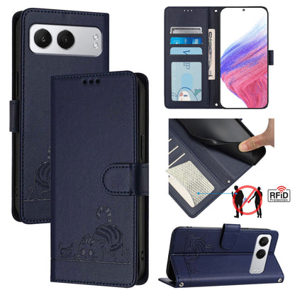 OnePlus Nord 4 5G Cat and Mouse Embossed PU Leather RFID Case with Wallet Slots, Anti-Fall Protection, Kickstand, and Lanyard-buycases.co.uk