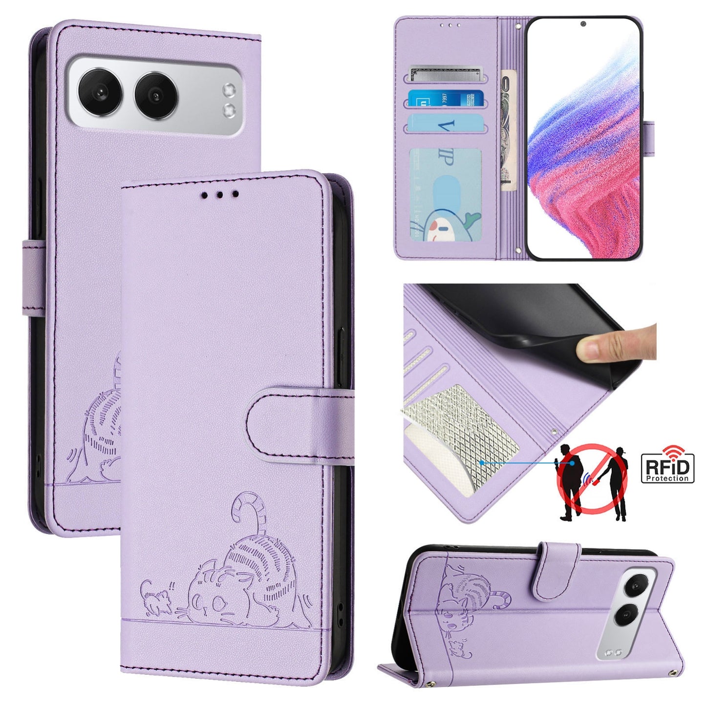OnePlus Nord 4 5G Cat and Mouse Embossed PU Leather RFID Case with Wallet Slots, Anti-Fall Protection, Kickstand, and Lanyard-buycases.co.uk