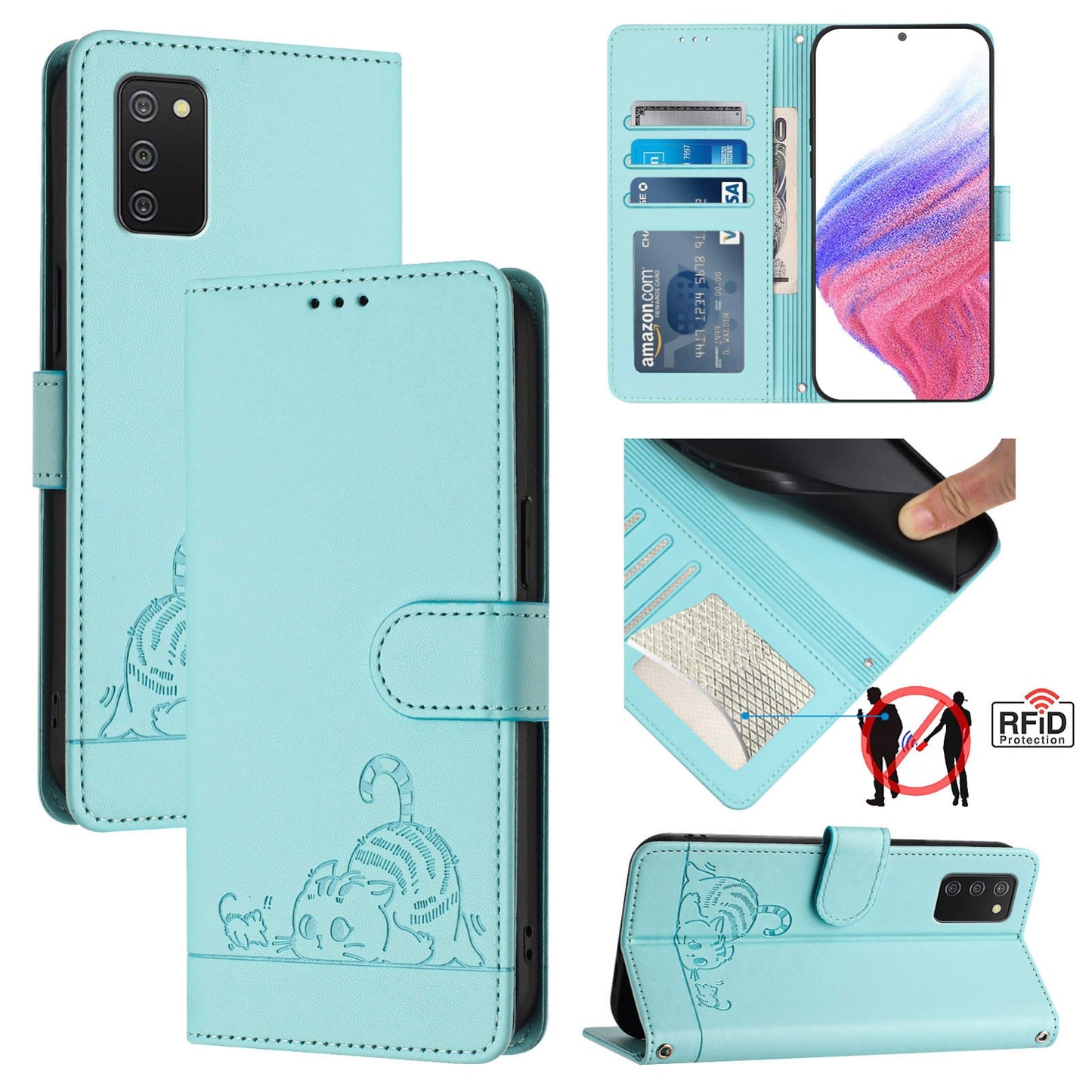 Samsung Galaxy A02s 164mm Cat and Mouse Embossed PU Leather RFID Case with Wallet Slots, Anti-Fall Protection, Kickstand, and Lanyard-buycases.co.uk