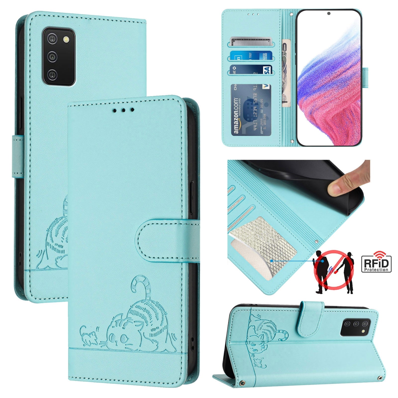 Samsung Galaxy A02s 164mm Cat and Mouse Embossed PU Leather RFID Case with Wallet Slots, Anti-Fall Protection, Kickstand, and Lanyard-buycases.co.uk