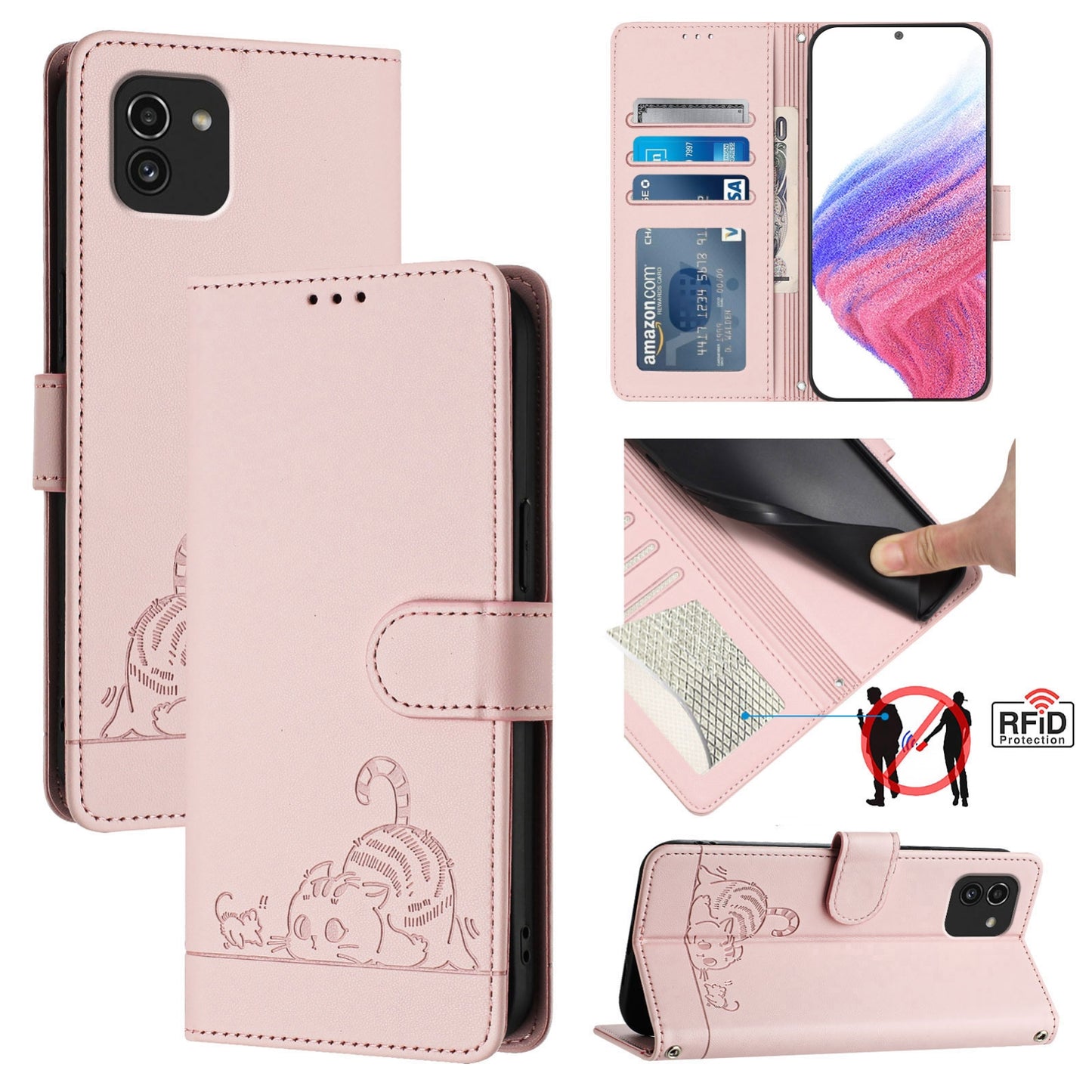 Samsung Galaxy A03 164mm Cat and Mouse Embossed PU Leather RFID Case with Wallet Slots, Anti-Fall Protection, Kickstand, and Lanyard-buycases.co.uk