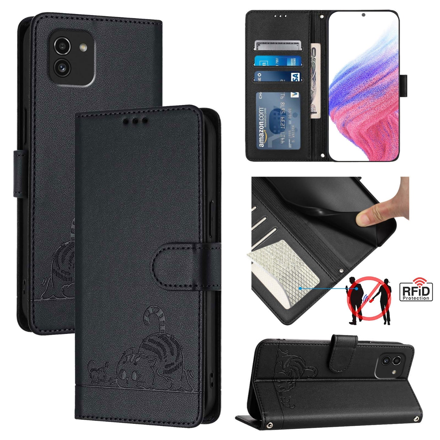 Samsung Galaxy A03 164mm Cat and Mouse Embossed PU Leather RFID Case with Wallet Slots, Anti-Fall Protection, Kickstand, and Lanyard-buycases.co.uk