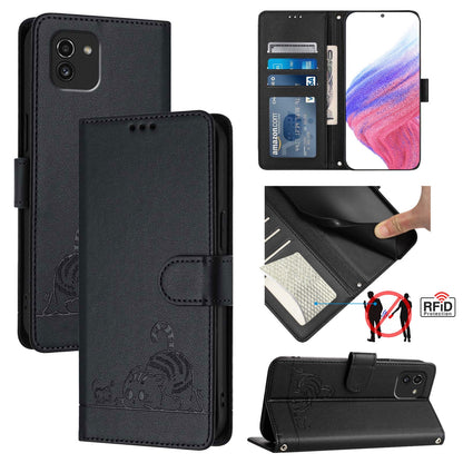 Samsung Galaxy A03 164mm Cat and Mouse Embossed PU Leather RFID Case with Wallet Slots, Anti-Fall Protection, Kickstand, and Lanyard-buycases.co.uk