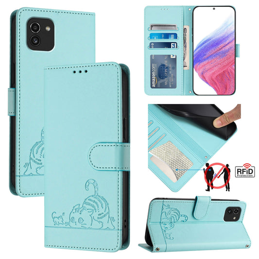 Samsung Galaxy A03 166mm Cat and Mouse Embossed PU Leather RFID Case with Wallet Slots, Anti-Fall Protection, Kickstand, and Lanyard-buycases.co.uk