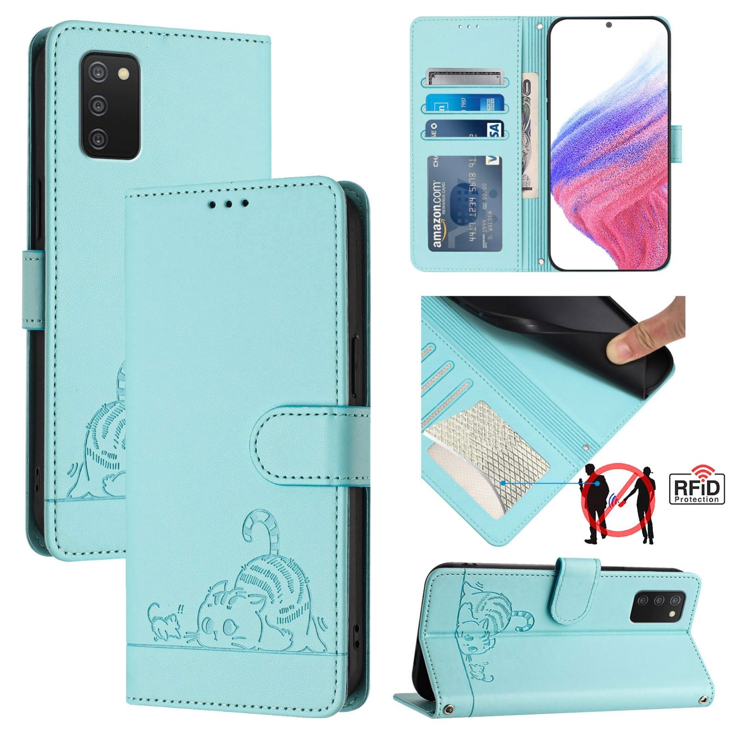Samsung Galaxy A03s 165.8mm US Version Cat and Mouse Embossed PU Leather RFID Case with Wallet Slots, Anti-Fall Protection, Kickstand, and Lanyard-buycases.co.uk