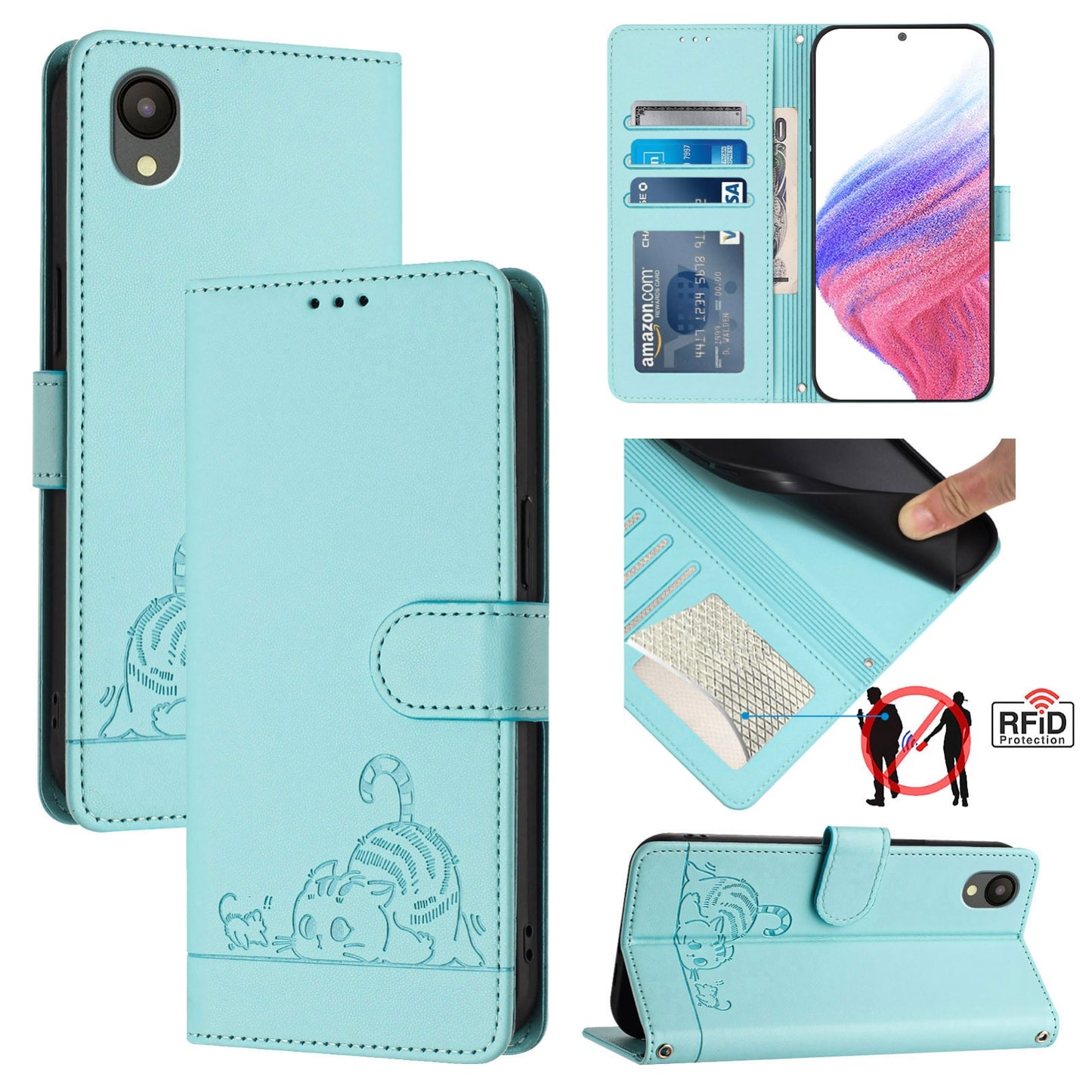 Samsung Galaxy A03 Core 4G Cat and Mouse Embossed PU Leather RFID Case with Wallet Slots, Anti-Fall Protection, Kickstand, and Lanyard-buycases.co.uk