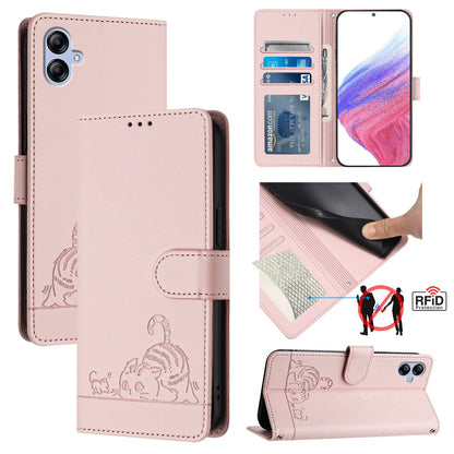 Samsung Galaxy F04 4G Cat and Mouse Embossed PU Leather RFID Case with Wallet Slots, Anti-Fall Protection, Kickstand, and Lanyard-buycases.co.uk