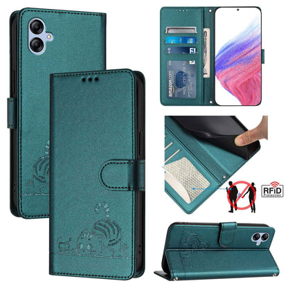 Samsung Galaxy A04e 4G Cat and Mouse Embossed PU Leather RFID Case with Wallet Slots, Anti-Fall Protection, Kickstand, and Lanyard-buycases.co.uk
