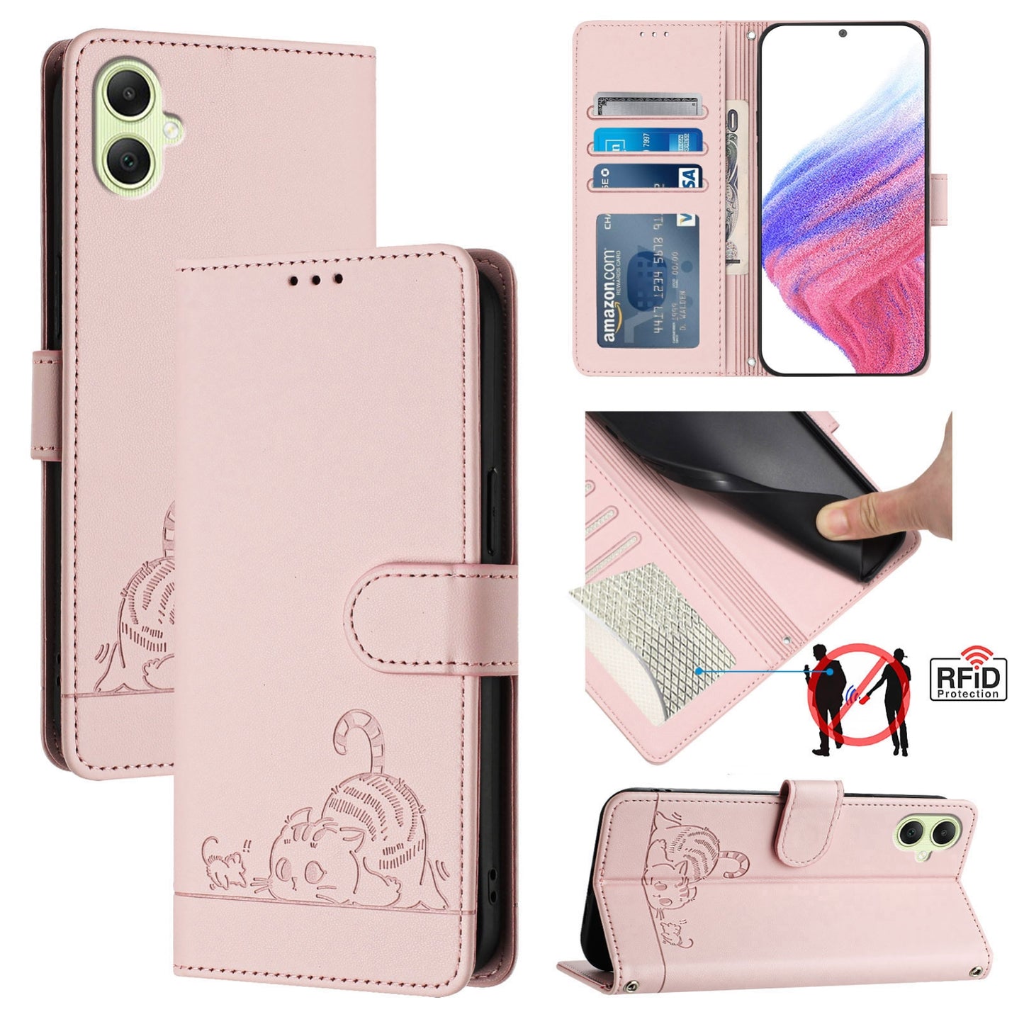 Samsung Galaxy A05 4G Global Cat and Mouse Embossed PU Leather RFID Case with Wallet Slots, Anti-Fall Protection, Kickstand, and Lanyard-buycases.co.uk