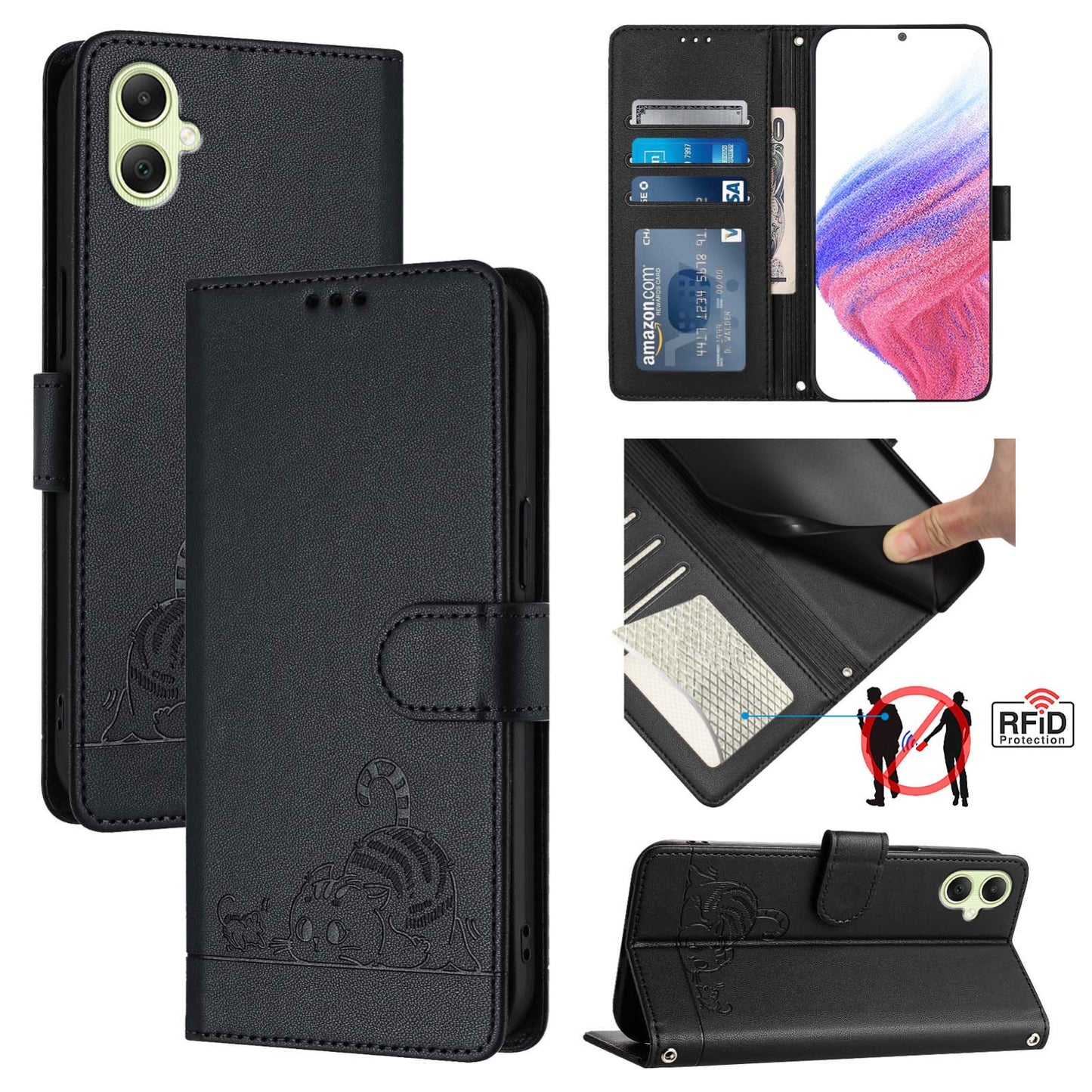 Samsung Galaxy A05 4G Global Cat and Mouse Embossed PU Leather RFID Case with Wallet Slots, Anti-Fall Protection, Kickstand, and Lanyard-buycases.co.uk