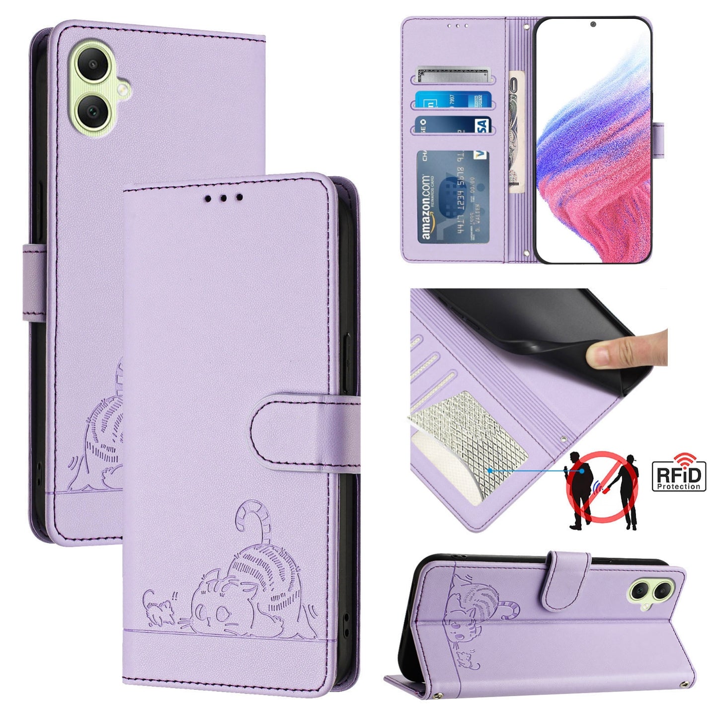 Samsung Galaxy A05 4G Global Cat and Mouse Embossed PU Leather RFID Case with Wallet Slots, Anti-Fall Protection, Kickstand, and Lanyard-buycases.co.uk