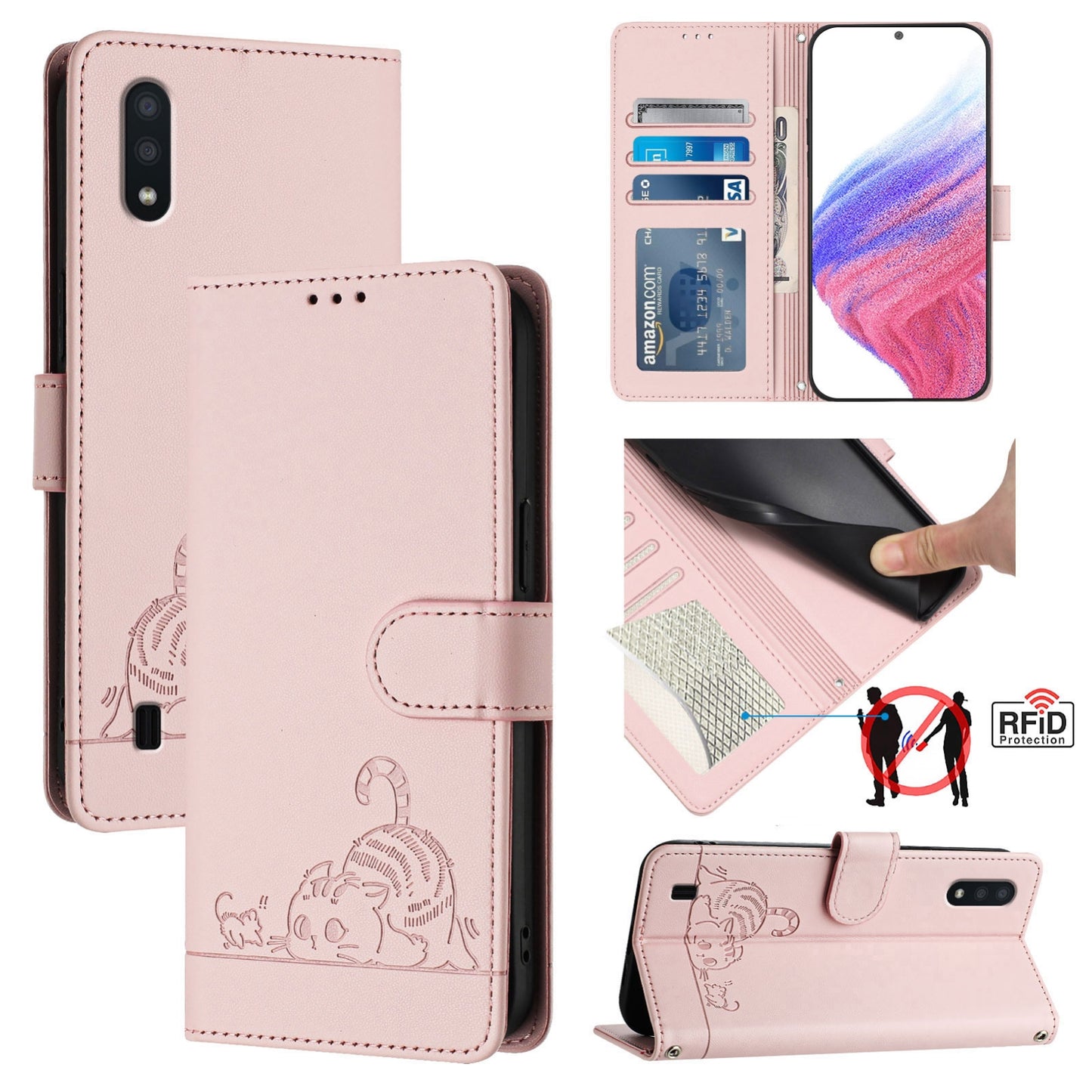 Samsung Galaxy A10 Cat and Mouse Embossed PU Leather RFID Case with Wallet Slots, Anti-Fall Protection, Kickstand, and Lanyard-buycases.co.uk