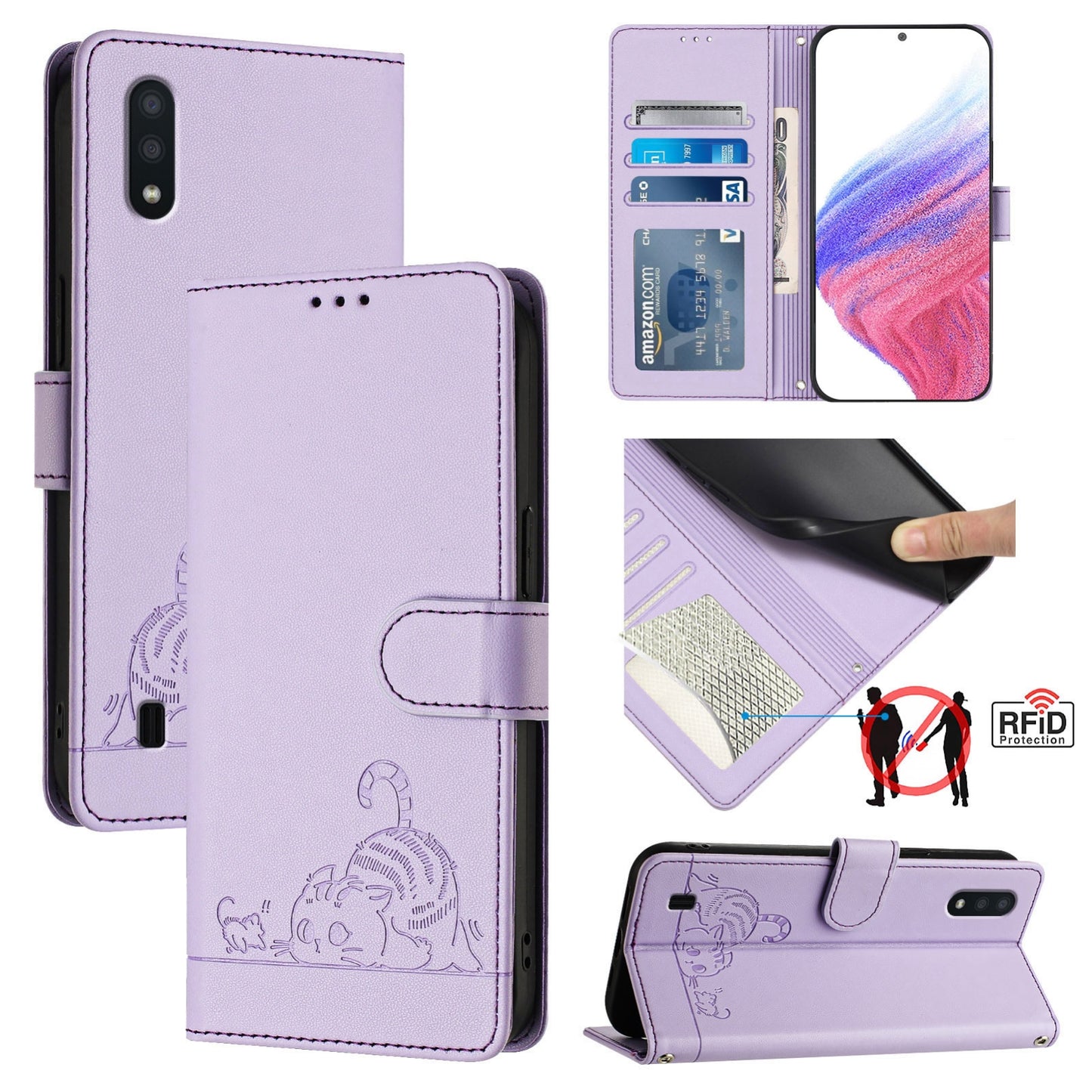 Samsung Galaxy A10 Cat and Mouse Embossed PU Leather RFID Case with Wallet Slots, Anti-Fall Protection, Kickstand, and Lanyard-buycases.co.uk