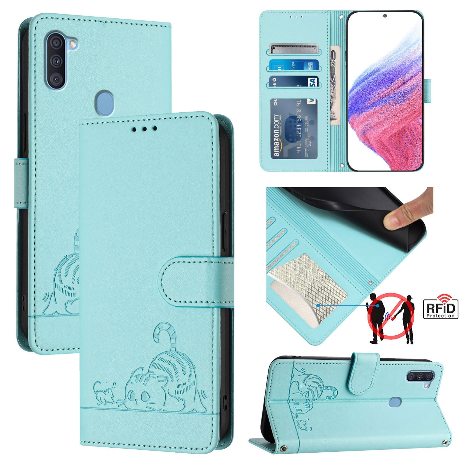 Samsung Galaxy A11 EU Version Cat and Mouse Embossed PU Leather RFID Case with Wallet Slots, Anti-Fall Protection, Kickstand, and Lanyard-buycases.co.uk