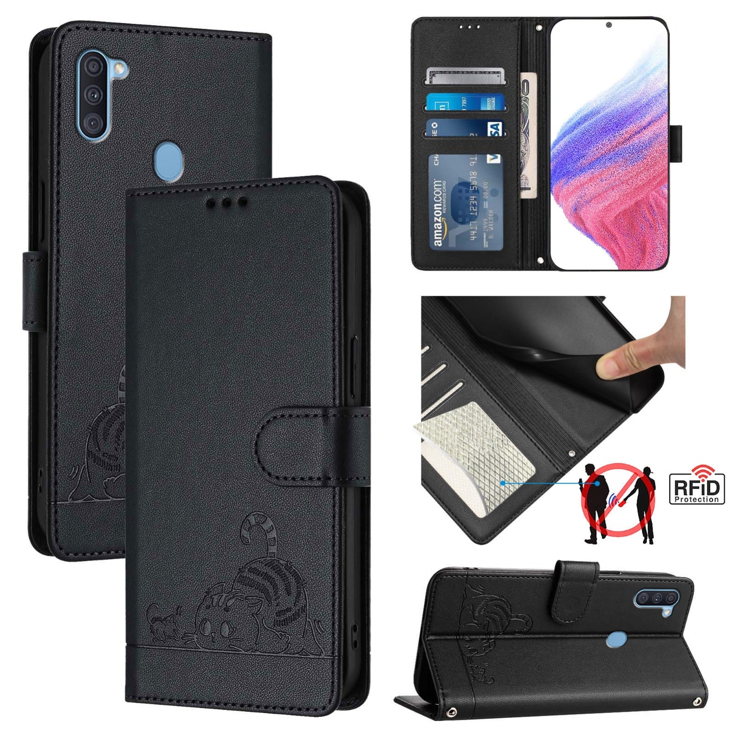 Samsung Galaxy A11 EU Version Cat and Mouse Embossed PU Leather RFID Case with Wallet Slots, Anti-Fall Protection, Kickstand, and Lanyard-buycases.co.uk