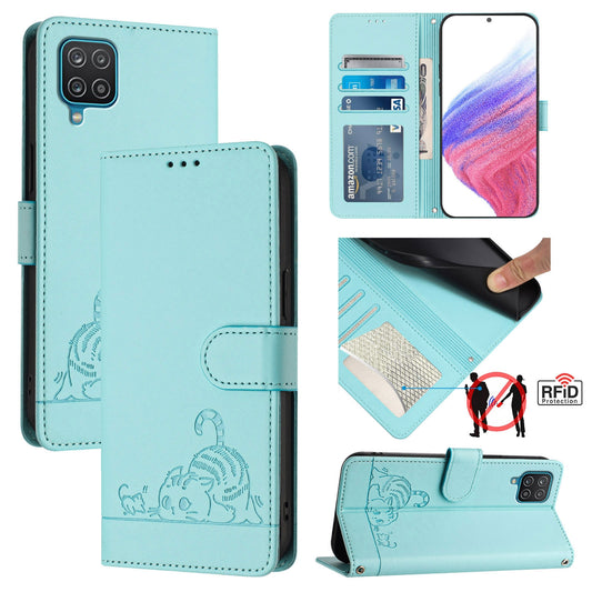 Samsung Galaxy A12 Cat and Mouse Embossed PU Leather RFID Case with Wallet Slots, Anti-Fall Protection, Kickstand, and Lanyard-buycases.co.uk