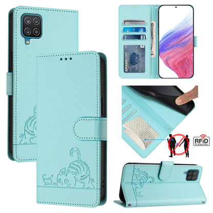 Samsung Galaxy M12 Cat and Mouse Embossed PU Leather RFID Case with Wallet Slots, Anti-Fall Protection, Kickstand, and Lanyard-buycases.co.uk