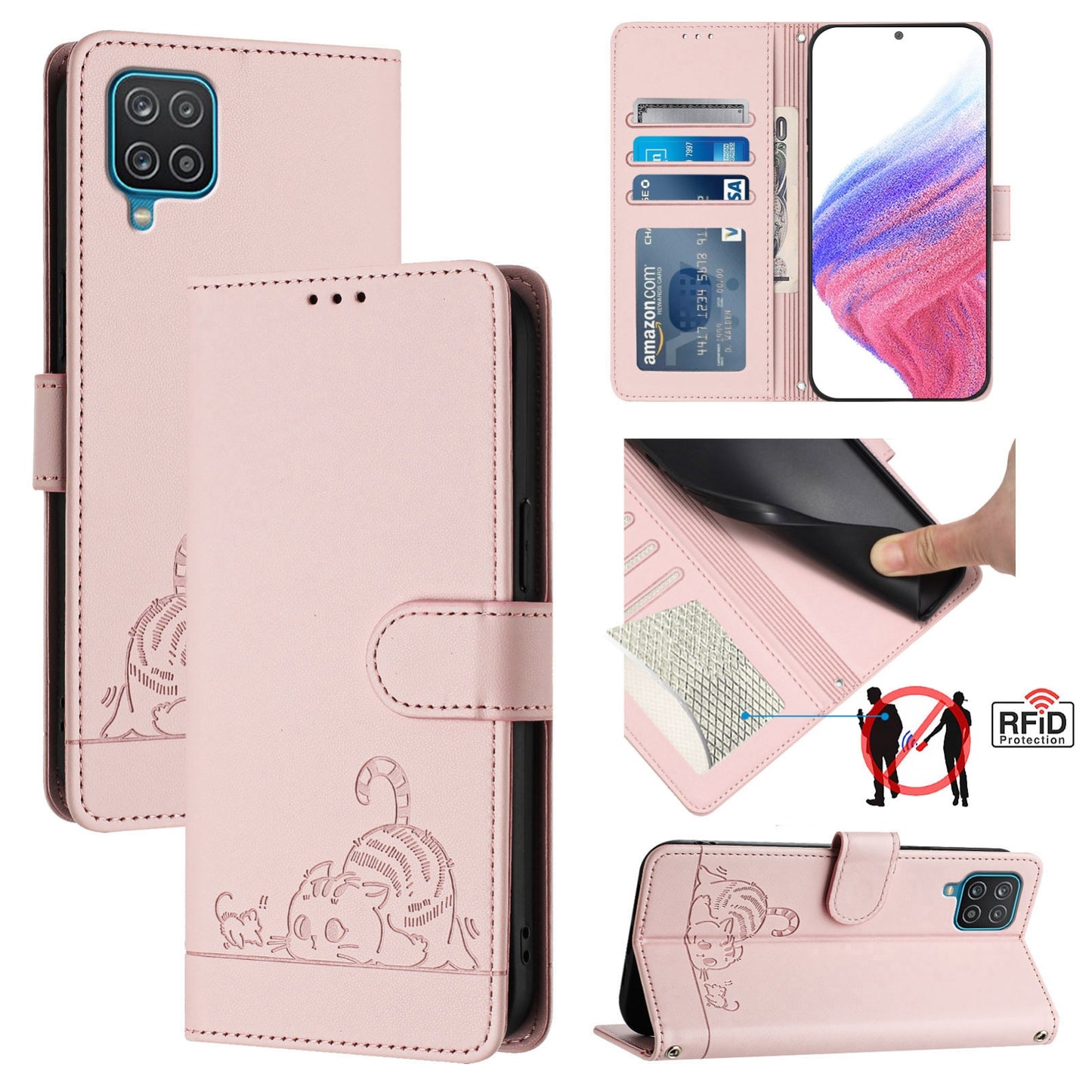 Samsung Galaxy A12 Cat and Mouse Embossed PU Leather RFID Case with Wallet Slots, Anti-Fall Protection, Kickstand, and Lanyard-buycases.co.uk