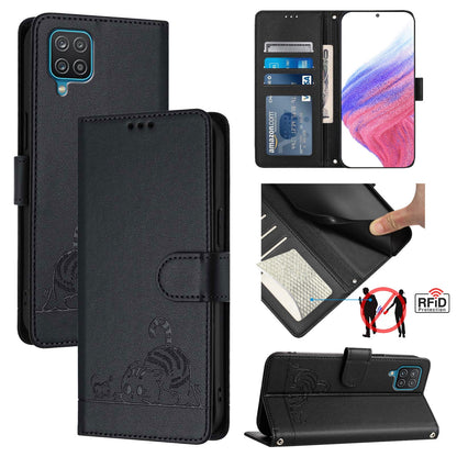 Samsung Galaxy M12 Cat and Mouse Embossed PU Leather RFID Case with Wallet Slots, Anti-Fall Protection, Kickstand, and Lanyard-buycases.co.uk