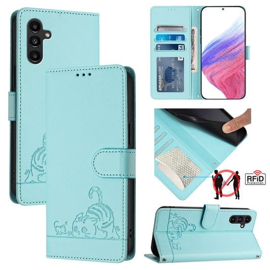 Samsung Galaxy A13 4G Cat and Mouse Embossed PU Leather RFID Case with Wallet Slots, Anti-Fall Protection, Kickstand, and Lanyard-buycases.co.uk