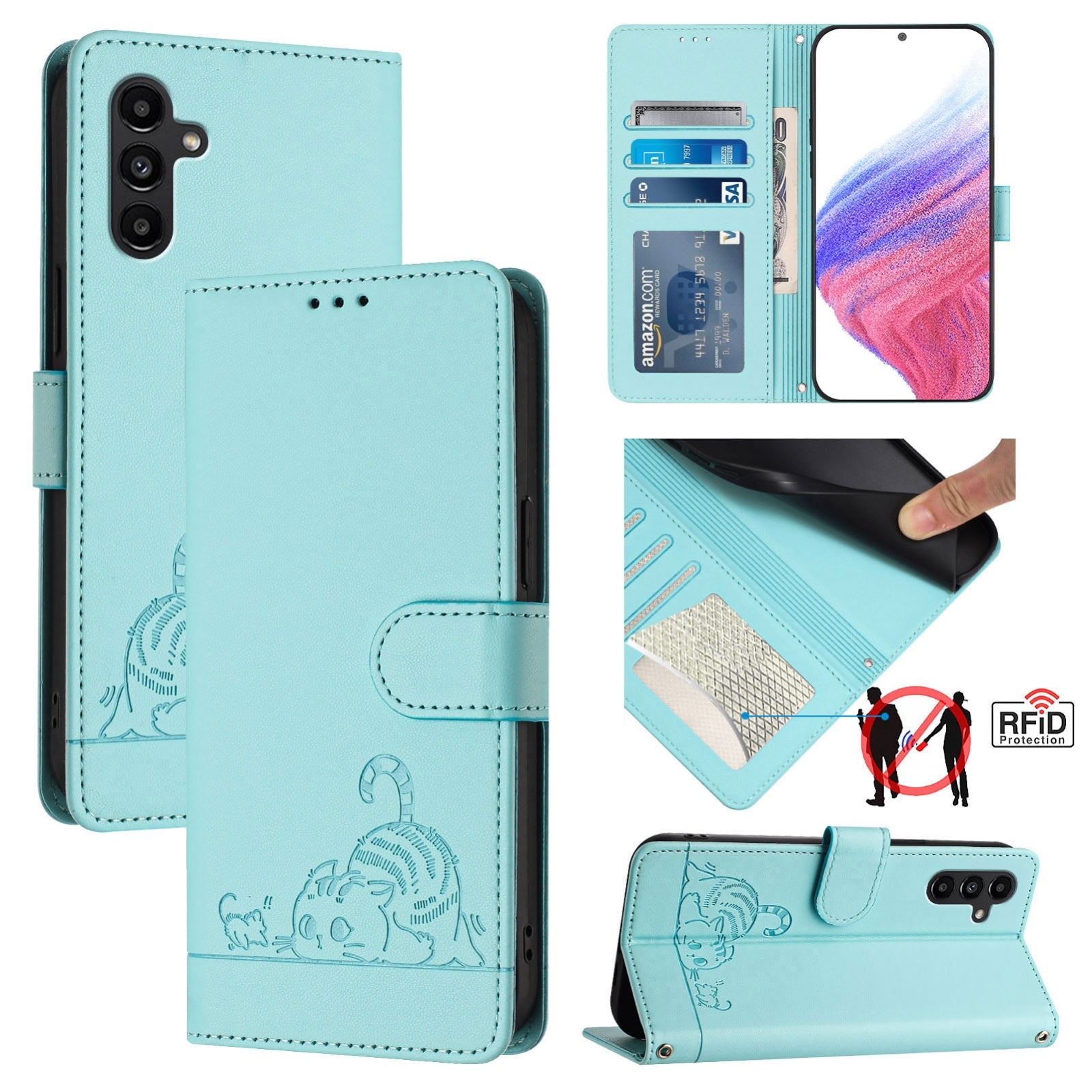 Samsung Galaxy A04s Cat and Mouse Embossed PU Leather RFID Case with Wallet Slots, Anti-Fall Protection, Kickstand, and Lanyard-buycases.co.uk