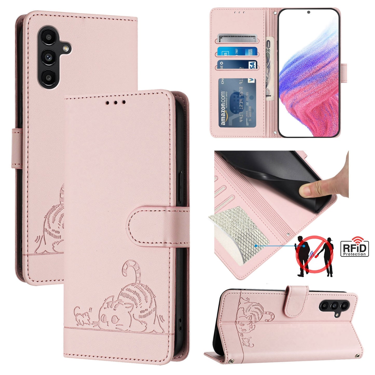 Samsung Galaxy A13 5G Cat and Mouse Embossed PU Leather RFID Case with Wallet Slots, Anti-Fall Protection, Kickstand, and Lanyard-buycases.co.uk