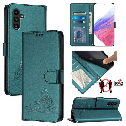 Samsung Galaxy A13 4G Cat and Mouse Embossed PU Leather RFID Case with Wallet Slots, Anti-Fall Protection, Kickstand, and Lanyard-buycases.co.uk