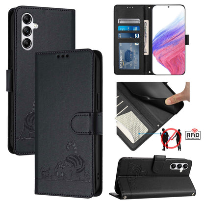 Samsung Galaxy A14 5G Cat and Mouse Embossed PU Leather RFID Case with Wallet Slots, Anti-Fall Protection, Kickstand, and Lanyard-buycases.co.uk