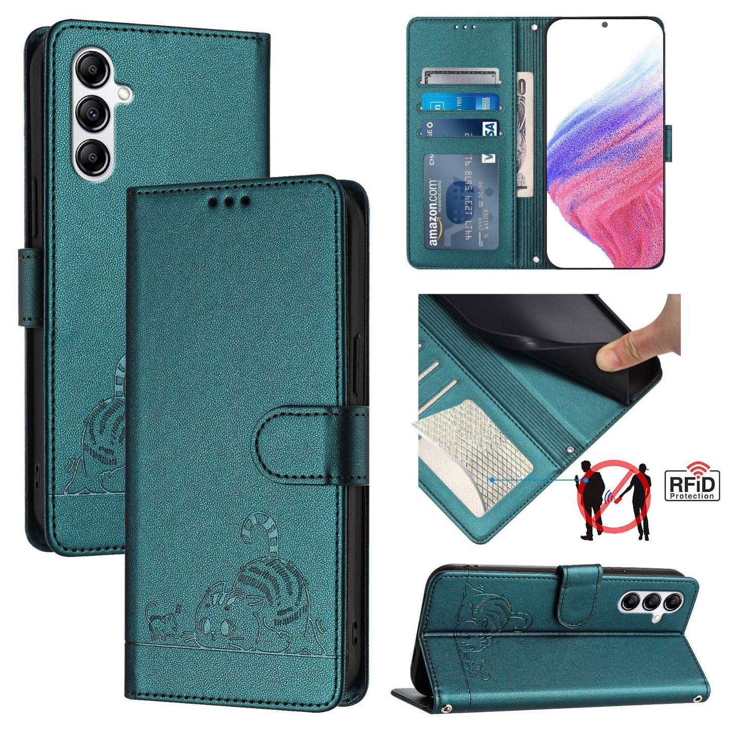 Samsung Galaxy A14 5G Cat and Mouse Embossed PU Leather RFID Case with Wallet Slots, Anti-Fall Protection, Kickstand, and Lanyard-buycases.co.uk